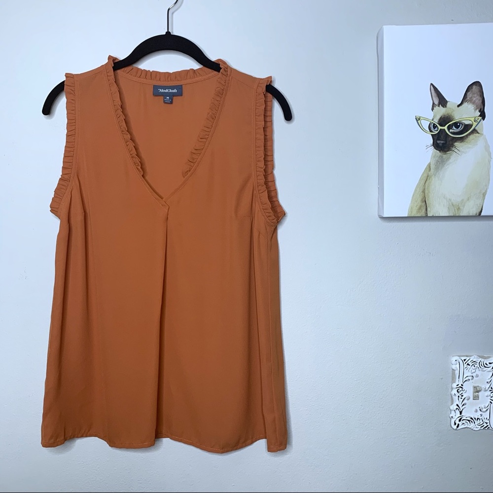 ModCloth Burnt Orange V-Neck Ruffle Blouse